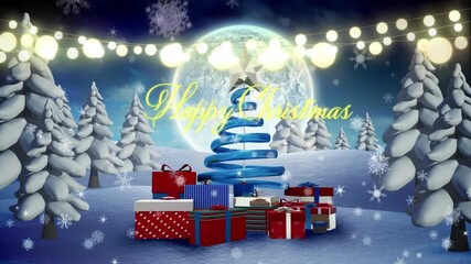 Wall Mural - animation of happy christmas, lights, tree and presents in night winter landscape
