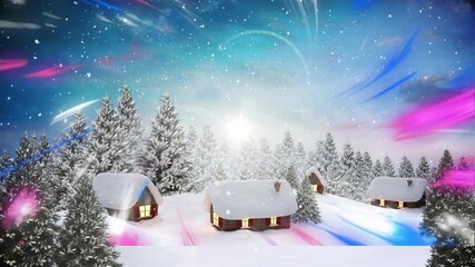 Wall Mural - animation of northern lights and houses in winter landscape