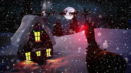Wall Mural - animation of snow falling over house in night winter landscape