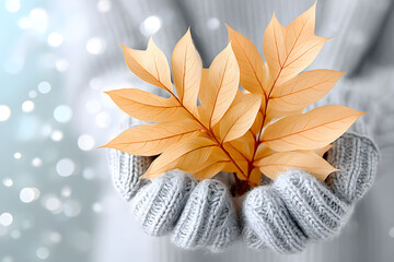 Wall Mural - Autumn Leaves in Cozy Knit Gloves - Warm Seasonal Concept for Fall Design
