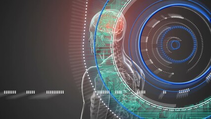 Wall Mural - animation of human model rotating, data, integrated circuits and circles on black background