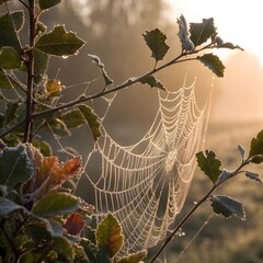 Spiderweb with dew drops in morning sunlight