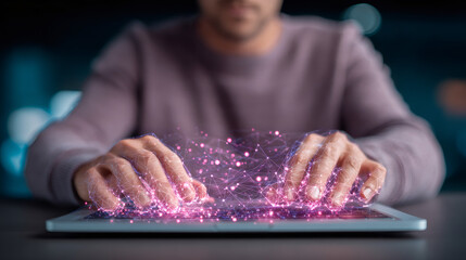 Man using a futuristic digital keyboard with glowing lines. Typing on virtual interface for technology and communication concept.