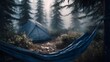 © Thares2020 - A serene forest campsite features a blue tent nestled among pine trees with a cozy hammock tied between two trees in soft filtered light
