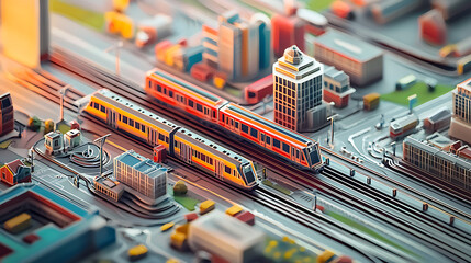 Miniature Cityscape with Intersecting Trains A Detailed Low Poly 3D Render