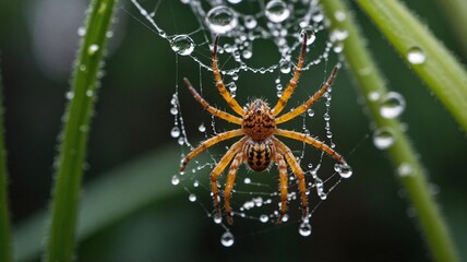 A detailed close-up of an orange spider resting in its web, adorned with glistening raindrops, showcasing nature's beauty.