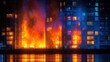 © qazi - Residential building fire at night, clear vivid flames, vibrant reflections, high quality details, photorealistic dramatic urban event.