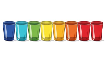 Vibrant collection of colorful drinking glasses arranged in a rainbow spectrum, perfect for party, beverage, or design concepts