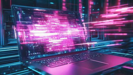 Laptop showing futuristic code in virtual cyberspace environment