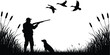 ©  Creative vectors - Silhouette of Hunter Aiming at Ducks with Dog, Cattail Marsh Scene, Wildlife Hunting, Outdoor Adventure, Nature Reflection, Waterfowl Flight