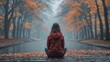 © Ruslan Gilmanshin - Solitary woman in red hoodie sitting on wooden dock overlooking misty autumn canal lined with golden trees and fallen leaves