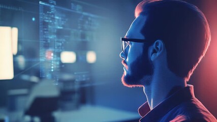 Software developer analyzing code on futuristic transparent display in modern office at night
