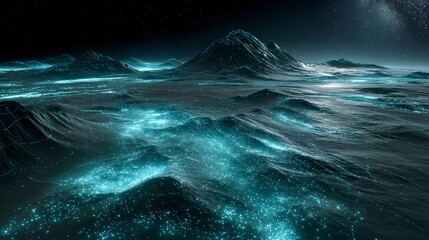 Wall Mural - discover the ethereal beauty of a bioluminescent alien landscape with mountains and starlit skyscape
