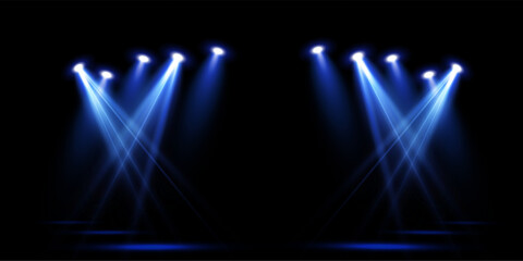 Wall Mural - Spotlights of bright blue light with isolated place for stage and presentations. Vector glowing spotlight light effect with transparent beams. 