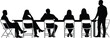 © Ideasy Mind - Black and white business meeting silhouette with people sitting around table and leader standing, teamwork discussion, corporate communication vector illustration