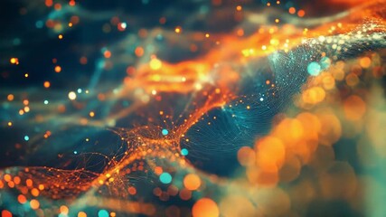 Abstract wave pattern glowing with futuristic orange and teal lights