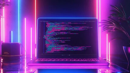 Laptop showing source code in neon lit room with plants