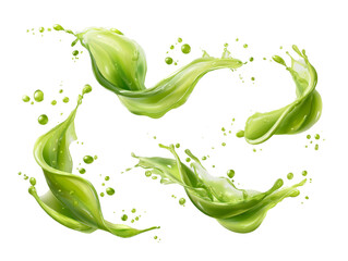 Wall Mural - Dynamic display of vibrant green liquid bursts, suspended in mid-air, against a transparent