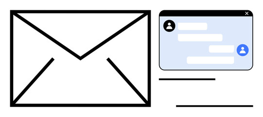 Wall Mural - Envelope icon next to a digital chat window featuring user profiles and message threads. Ideal for email, messaging, online communication, teamwork, collaboration, customer support, simple landing