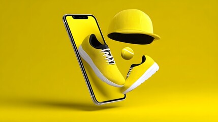 Wall Mural - a modern and minimalist composition featuring a yellow smartphone device and a matching yellow hat, 