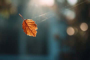 Wall Mural - Falling autumn leaf hanging on spider web thread.