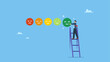 © Saklarboy - Young man climb up ladder to give positive smile feedback rating. Customer satisfaction, feedback or appreciation rating, positive score or good quality service, customer experience vote.