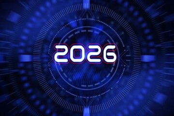 Wall Mural - Futuristic 2026 Digital Technology Circuit Board Background in Blue Neon Light