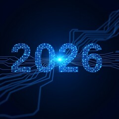 Wall Mural - Futuristic 2026 Digital Technology Circuit Board Background in Blue Neon Light