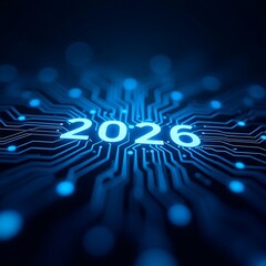 Wall Mural - Futuristic 2026 Digital Technology Circuit Board Background in Blue Neon Light