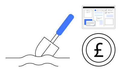 Shovel digging soil, web page layout, and pound currency icon suggest effort, planning, and financial investment. Ideal for finance, design, startup, planning development business growth simple