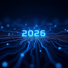 Wall Mural - Futuristic 2026 Digital Technology Circuit Board Background in Blue Neon Light