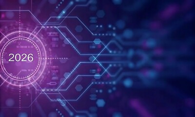 Wall Mural - Futuristic 2026 Digital Technology Circuit Board Background in Purple Blue Neon
