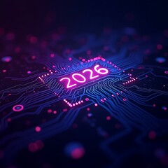Wall Mural - Futuristic 2026 Digital Technology Circuit Board Background in Purple Blue Neon
