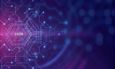 Wall Mural - Futuristic 2026 Digital Technology Circuit Board Background in Purple Blue Neon