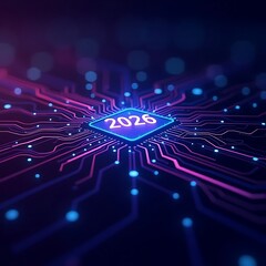 Wall Mural - Futuristic 2026 Digital Technology Circuit Board Background in Purple Blue Neon