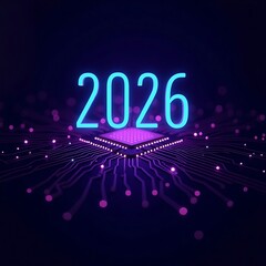 Wall Mural - Futuristic 2026 Digital Technology Circuit Board Background in Purple Blue Neon