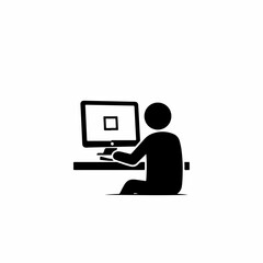 Simple black icon of a person working on a computer.