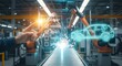 © Batoor - Automotive manufacturing quality control concept with digital interface and robotic assembly line.