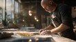 © Janna - Craftsman measuring tile in artisan workshop with warm lighting