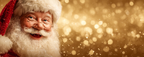 Wall Mural - santa claus on golden sparkling background with light rays