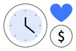 © robu_s - Clock, blue heart, and dollar icon showcasing balance between time, love, and money. Ideal for time management, work-life balance, productivity, wellness prioritization finances simple landing