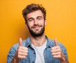 © Imnot99 - A man with a confident smile and thumbs up against a bright yellow background, showcasing a positive and approachable demeanor.
