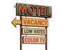 © Konstantin Sigaev - Retro motel sign with bold colored text reading MOTEL, VACANCY, LOW RATES, and COLOR TV, displayed in aged style on isolated transparent background, symbolizing roadside travel nostalgia