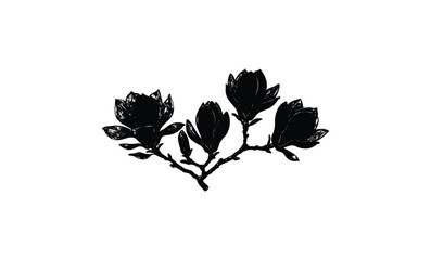 Wall Mural - black silhouette of blooming magnolia flowers. vector retro hand drawn illustration