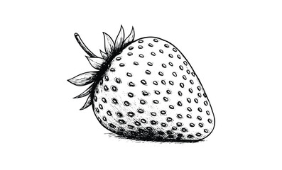 Wall Mural - detailed black and white sketch of a strawberry with leaf accents. vector retro hand drawn illustrat