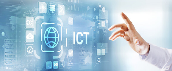 Wall Mural - ICT - Information and communication technology concept on virtual screen.