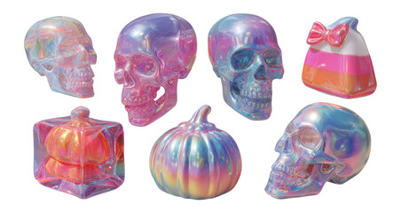 Colorful Transparent Skull and Decorative Objects on a Isolated Background