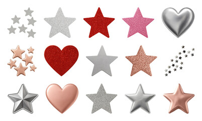 Wall Mural - png colorful metallic stars hearts, element set on transparent background