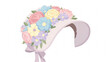© Rica - Elegant bonnet adorned with pastel flowers rests against a clean white backdrop, evoking a sense of springtime charm and delicate beauty.