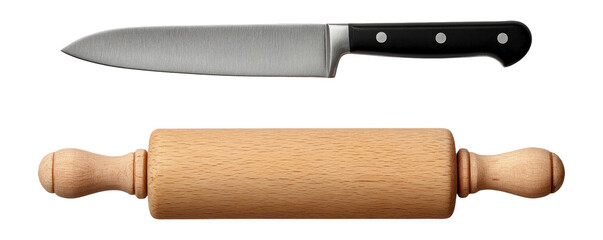 Professional Kitchen Knife and Wooden Rolling Pin on Transparent Background